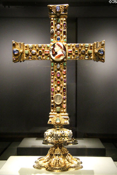 Bejeweled front of Cross of Lothair (last quarter 10thC) with portrait of Carolingian ruler, Lothair II at Aachen Cathedral Treasury. Aachen, Germany.