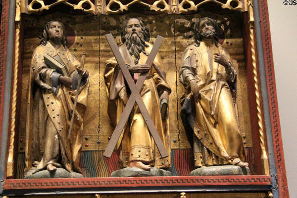 Detail of three Apostles on wing of Mass of St. Gregory altarpiece (c1525) at Aachen Cathedral Treasury. Aachen, Germany.