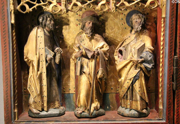 Detail of three Apostles on wing of Mass of St. Gregory altarpiece (c1525) at Aachen Cathedral Treasury. Aachen, Germany.