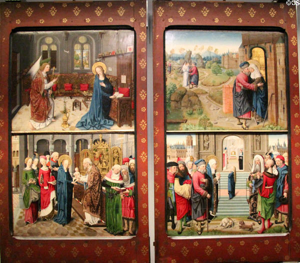 Four of eight panel paintings (c1485) depicting life of Virgin Mary by Master of the Life of the Virgin Mary of Aachen at Aachen Cathedral Treasury. Aachen, Germany.