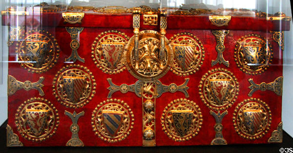 Cedar Heraldic Chest of Richard of Cornwall (c1258) with 40 enamel medallions at Aachen Cathedral Treasury. Aachen, Germany.