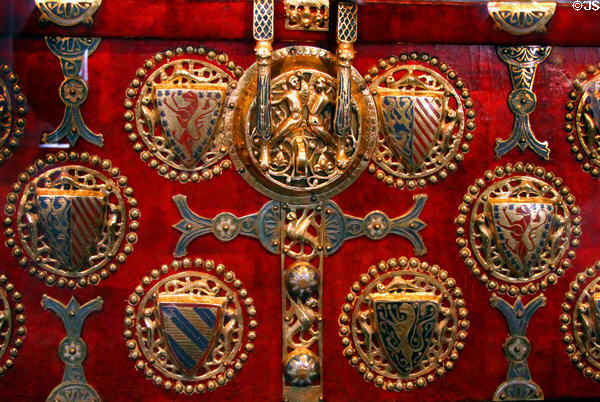 Details of enamel medallions on Heraldic Chest of Richard of Cornwall (c1258) at Aachen Cathedral Treasury. Aachen, Germany.