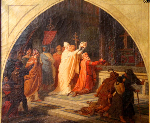 Imperial coronation of Charlemagne by Pope Leo III at Old St. Peter in Rome painting (1856) by Joseph Kehren after Alfred Rethes at New Aachen City Museum. Aachen, Germany.