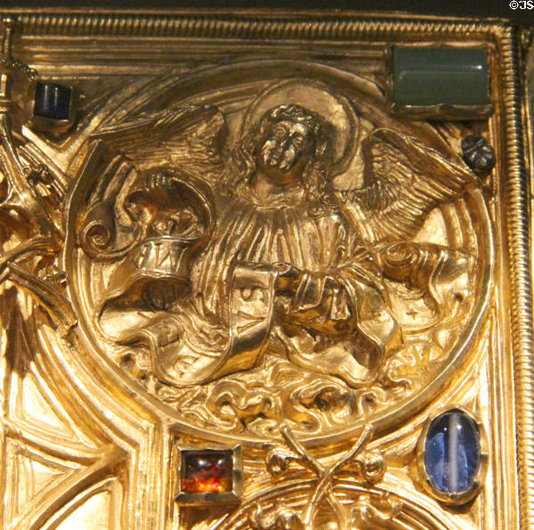 Angel, symbol of Evangelist Matthew, on cover of Imperial Gospel Book (795) at New Aachen City Museum. Aachen, Germany.