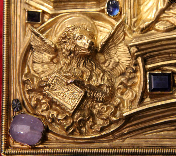 Lion, symbol of Evangelist Mark, on cover of Imperial Gospel Book (795) at New Aachen City Museum. Aachen, Germany.
