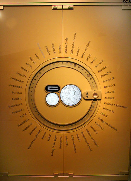 Machine to display the portrait coin of various rulers at New Aachen City Museum. Aachen, Germany.