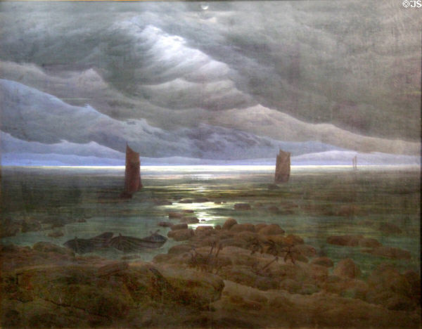 Seashore in Moonlight painting (1835-6) by Caspar David Friedrich at Hamburg Fine Arts Museum. Hamburg, Germany.