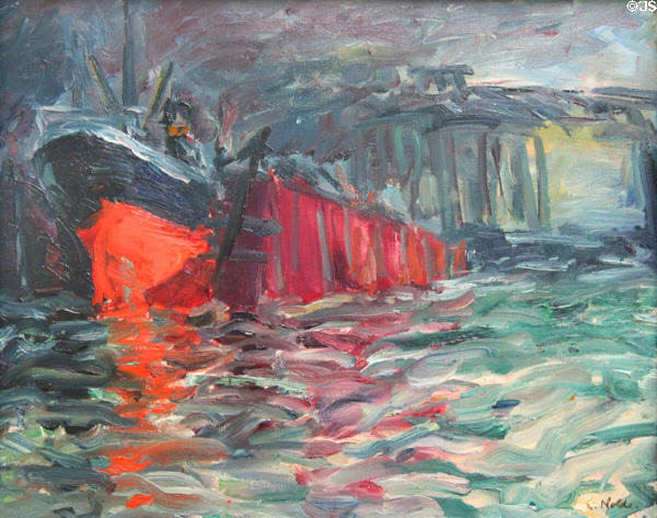 Ship in Dock painting (1910) by Emil Nolde at Hamburg Fine Arts Museum. Hamburg, Germany.