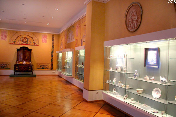 Gallery displaying porcelain objects at Hamburg Decorative Arts Museum. Hamburg, Germany.