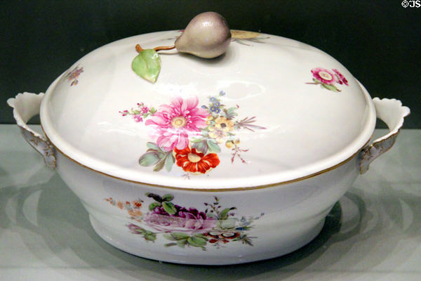 Porcelain lidded serving dish with floral décor (c1765-70) made by Fürstenberg Manufacturers Germany at Hamburg Decorative Arts Museum. Hamburg, Germany.