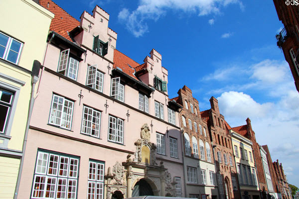 Neo-Baroque entrance facade to Füchtings Courtyard (1639 but renovated 1898). Lübeck, Germany.