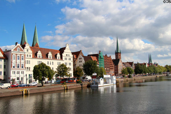 Skyline over Holstein Hafen with church towers of St Mary's, St Peter's & Cathedral. Lübeck, Germany.
