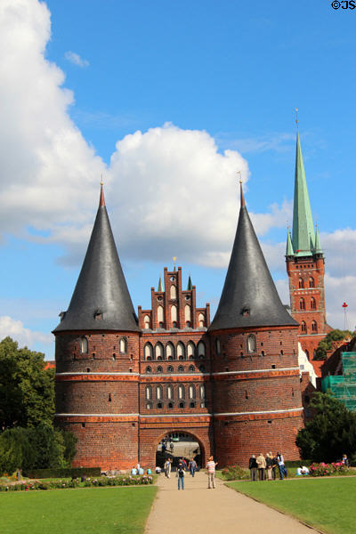 Medieval Holsten Gate in style of Flandric bridge. Lübeck, Germany.