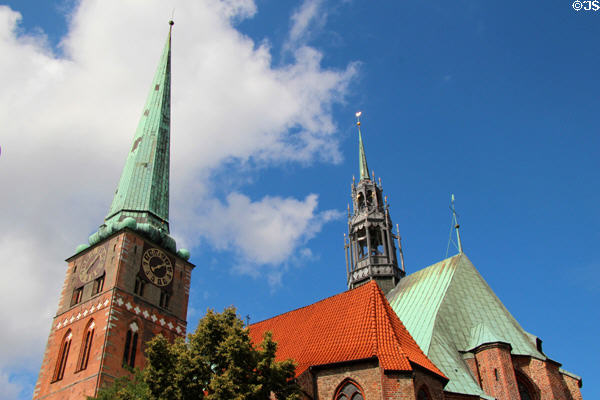 St Jacob's Church (mid 13thC) with Gothic ridge turret (1622 & 1628). Lübeck, Germany. Style: Romanesque with Gothic elements.