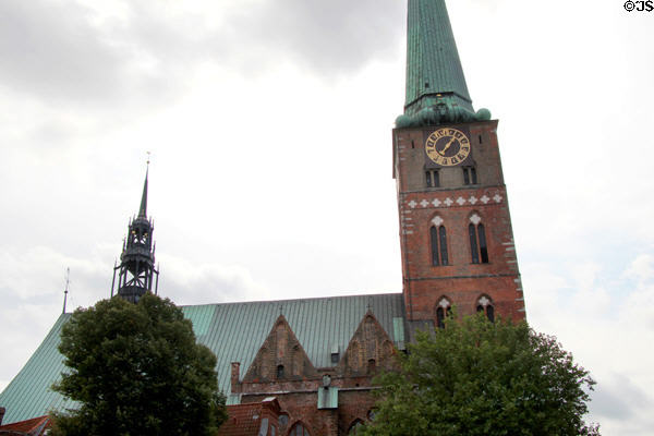 Gothic ridge turret & clock tower of St Jacob's Church. Lübeck, Germany.