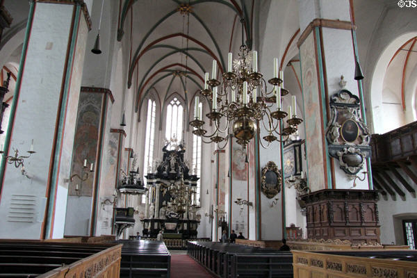 Three-aisle Romanesque interior design of St Jacob's Church. Lübeck, Germany.
