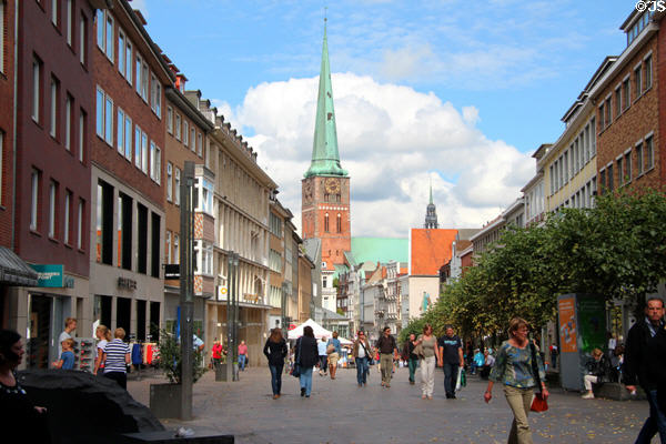 St Jacob's Church at end of streetscape. Lübeck, Germany.