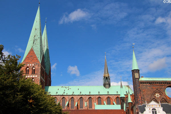 Spires of St Mary's Church from side. Lübeck, Germany.