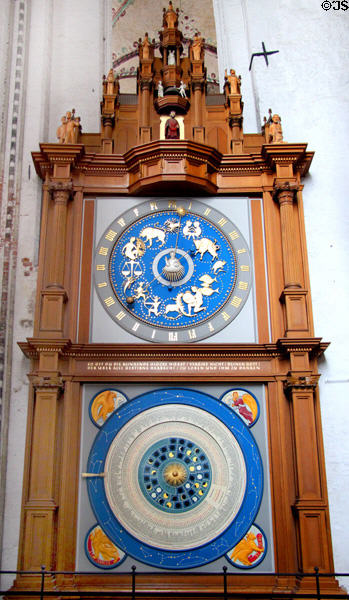 Modern astrological calendar clock at St Mary's Church. Lübeck, Germany.
