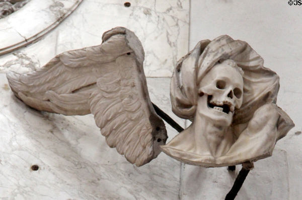 Sculpted decomposing head on tomb at St Mary's Church. Lübeck, Germany.