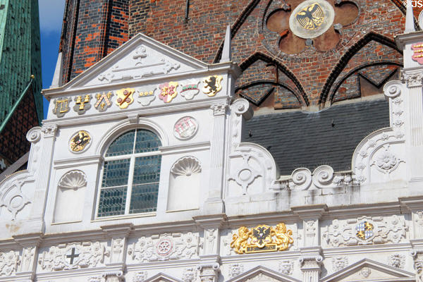 Details of Renaissance arcade (1570-2) by Hans Fleminck & Herkules Midow at Lübeck Rathaus. Lübeck, Germany.