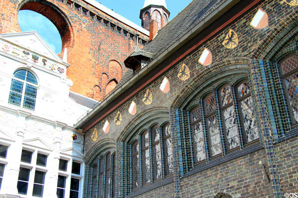 Long House (1298-1308) with shields at Lübeck Rathaus. Lübeck, Germany.