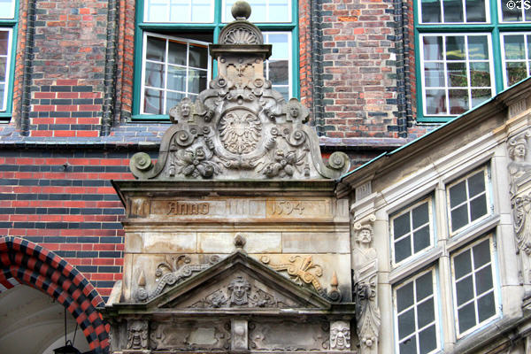 Town crest on Renaissance staircase at Lübeck Rathaus. Lübeck, Germany.