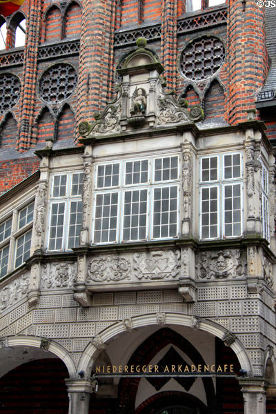 Design details of Gothic shield wall & Renaissance staircase at Lübeck Rathaus. Lübeck, Germany.