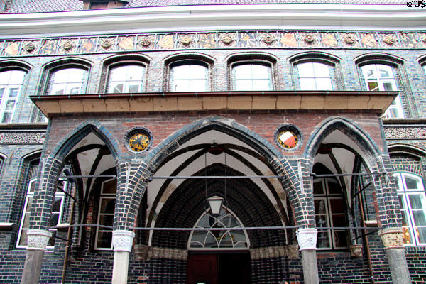 Breite Straße arcaded porch entrance to main building at Lübeck Rathaus. Lübeck, Germany.