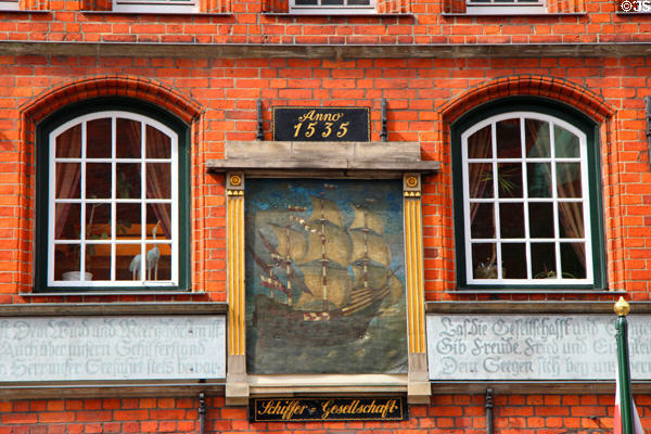 Sailing ship painting (17thC) above doorway of Seaman's Guildhall. Lübeck, Germany.