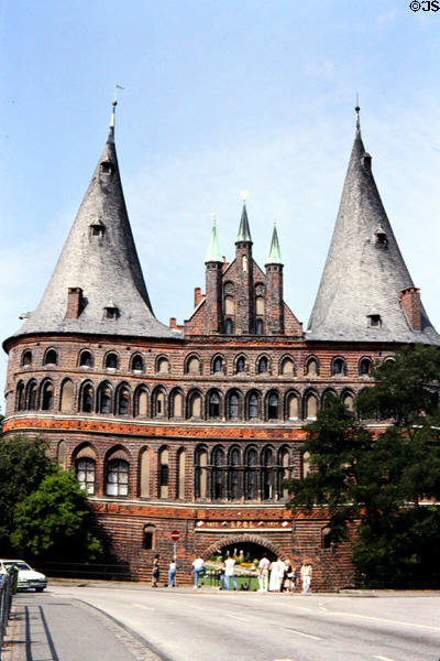 Holsten Gate from bridge to historic core of city. Lübeck, Germany.