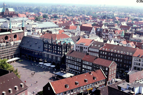 Lübeck city hall & market square with town beyond. Lübeck, Germany.