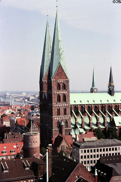 Marien church from elevated viewpoint of St Peter's Church. Lübeck, Germany.