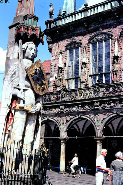 Roland Statue (1404) symbol of freedom & trading rights in front of town hall. Bremen, Germany.