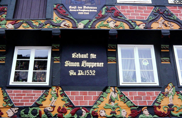 Facade details of Simon Hoppener house (1532) with triangular scenes. Celle, Germany.