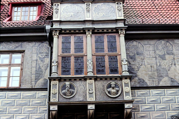Painting details & oriel window of Celle City Hall (1579). Celle, Germany.