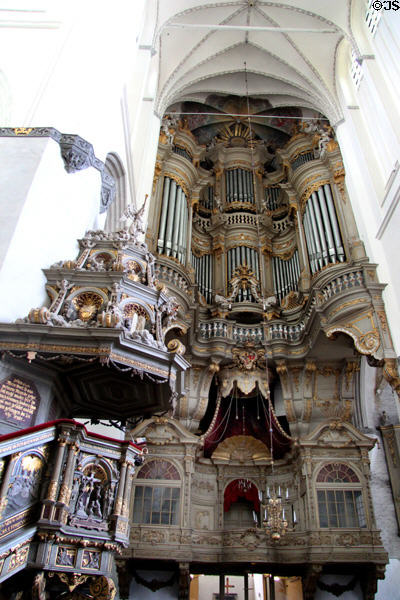 Organ beside pulpit at St. Mary's Church. Rostock, Germany.