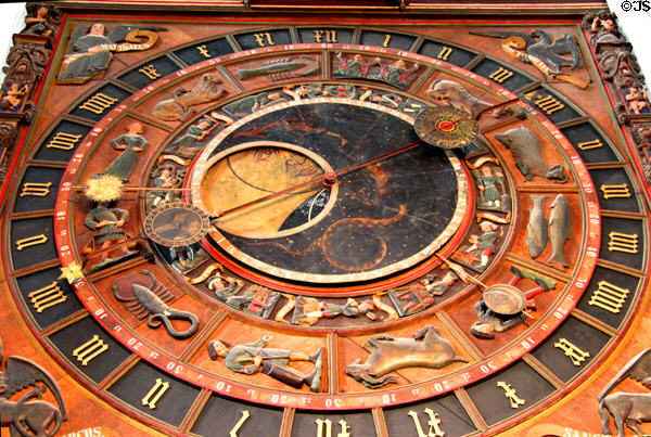Medieval astronomical clock with zodiac symbols (1472) by Hans Düringer at St. Mary's Church. Rostock, Germany.