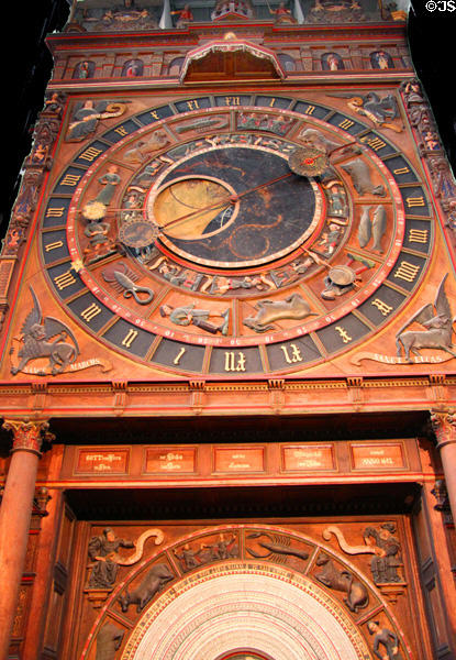 Time, date, moon phases & month dials of Medieval astronomical clock (1472) at St. Mary's Church. Rostock, Germany.