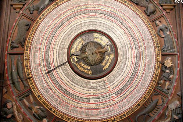 Calendar face of Medieval astronomical clock (1472) at St. Mary's Church. Rostock, Germany.