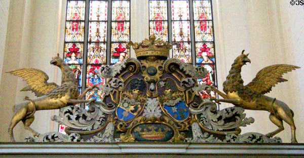 Coat of arms with Griffins at St. Mary's Church. Rostock, Germany.