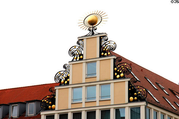 Gabel decoration atop hotel on Rostock Town Hall plaza. Rostock, Germany.