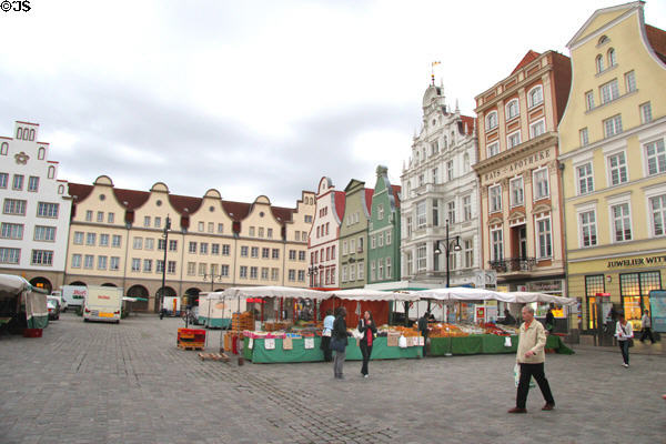Germanic buildings on Rostock Town Hall plaza & market square. Rostock, Germany.
