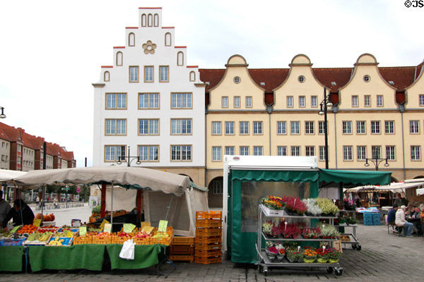 Rostock market square with postwar rebuilt heritage buildings beyond. Rostock, Germany.