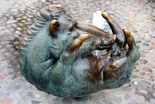 Bronze boar sculpture at Joie de Vivre fountain. Rostock, Germany.