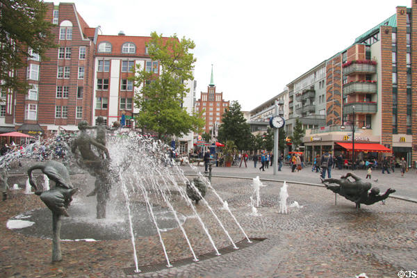Joie de Vivre fountain (1985) by Jo Jastram & Reinhard Dietrich looking along Breite Str. Rostock, Germany.