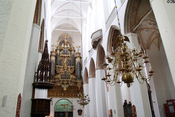 Organ & brass chandeliers in Marienkirche (St. Mary's church). Stralsund, Germany.