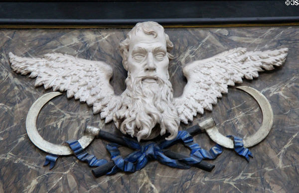 Winged face with scythes in Marienkirche (St. Mary's church). Stralsund, Germany.