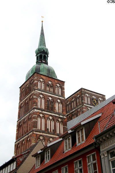 Towers of St Nicholas' Church (1270-1360) on Market Square. Stralsund, Germany.