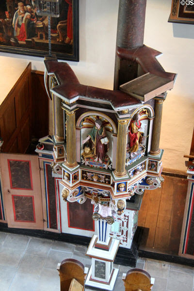 Pulpit carved with Evangelists at Gottorf Palace Chapel. Schleswig, Germany.